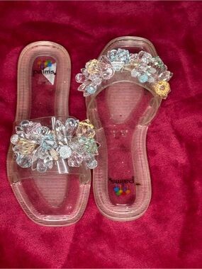 Palms Clear Jeweled Flower Slide Jelly Sandals - Multicolor Crystal Accents